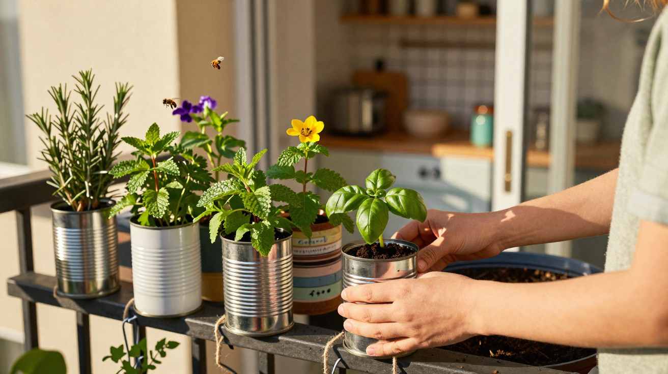 Mãos a cuidar de plantas aromáticas em latas reutilizadas numa varanda iluminada pelo sol.