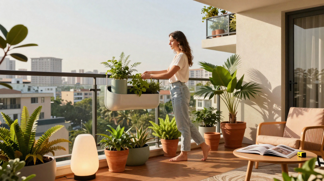 Mulher a cuidar de plantas numa varanda com vista urbana em dia ensolarado.
