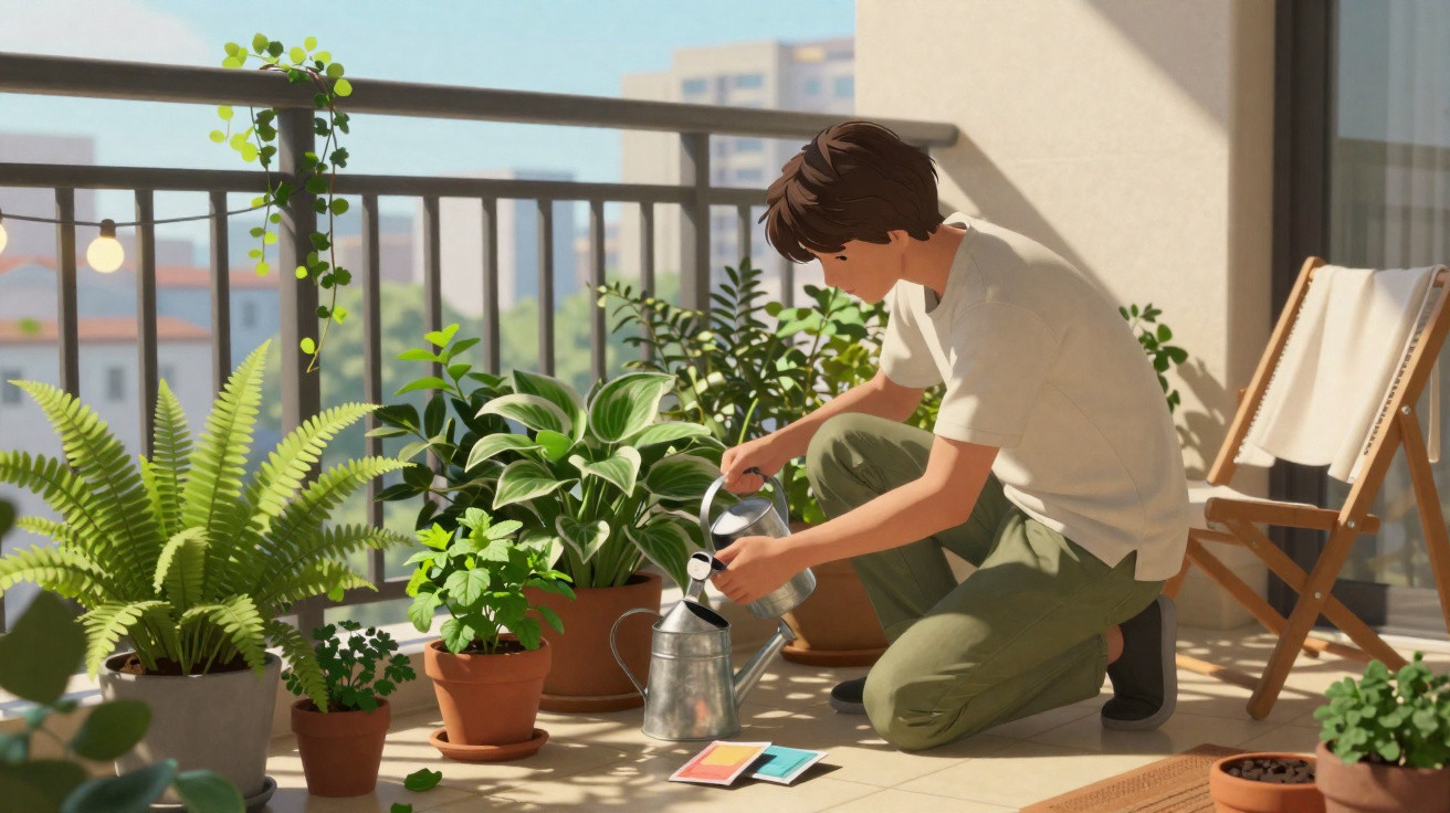 Jovem a regar plantas num terraço com várias plantas em vasos durante o dia.