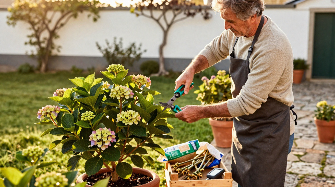 Homem a podar flores de hortênsia num jardim com várias plantas em vasos ao fim da tarde.