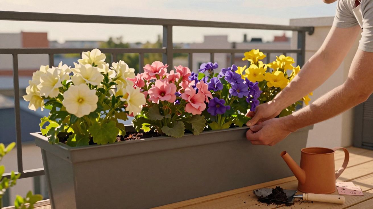 Pessoa a cuidar de flores coloridas numa varanda com regador e terra numa mesa.
