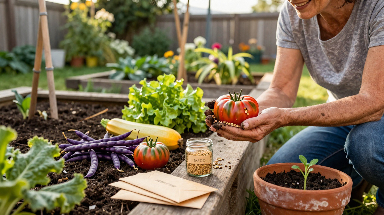 Pessoa a segurar tomate junto a legumes e sementes numa horta caseira ao ar livre.