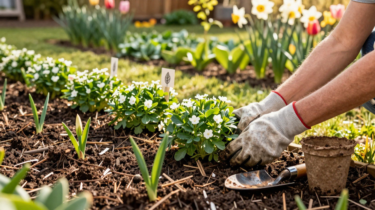 Pessoa a plantar flores brancas num jardim com luvas de proteção e ferramentas de jardinagem.