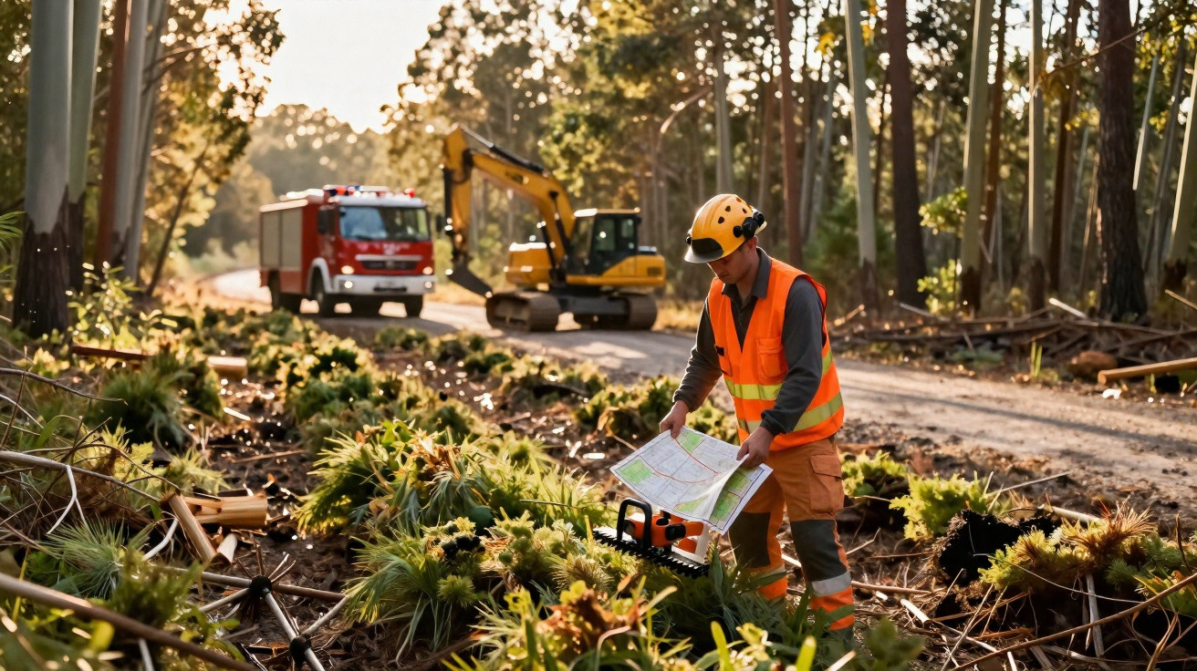 Trabalhador florestal com colete e capacete a consultar mapa numa área de reflorestação com veículos de apoio ao fundo.