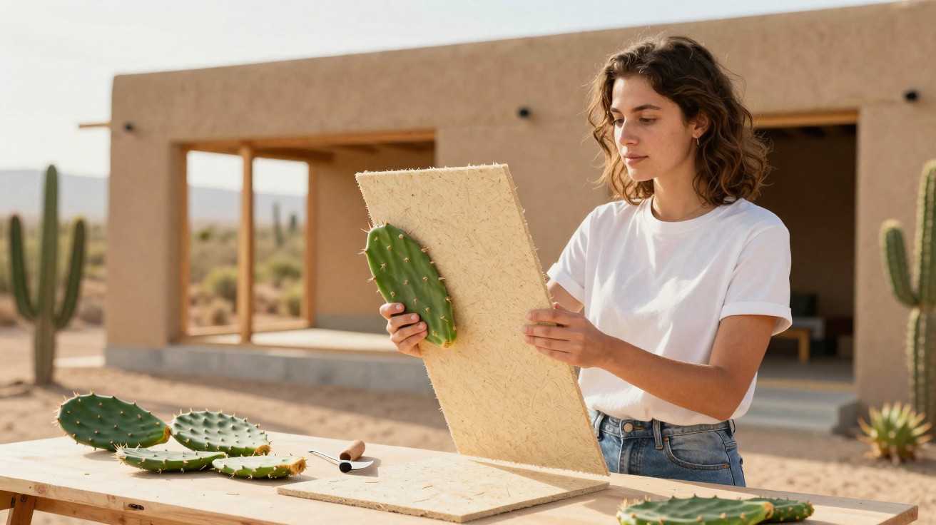 Mulher a trabalhar com cactos e madeira numa mesa ao ar livre, com casa e cactos ao fundo.
