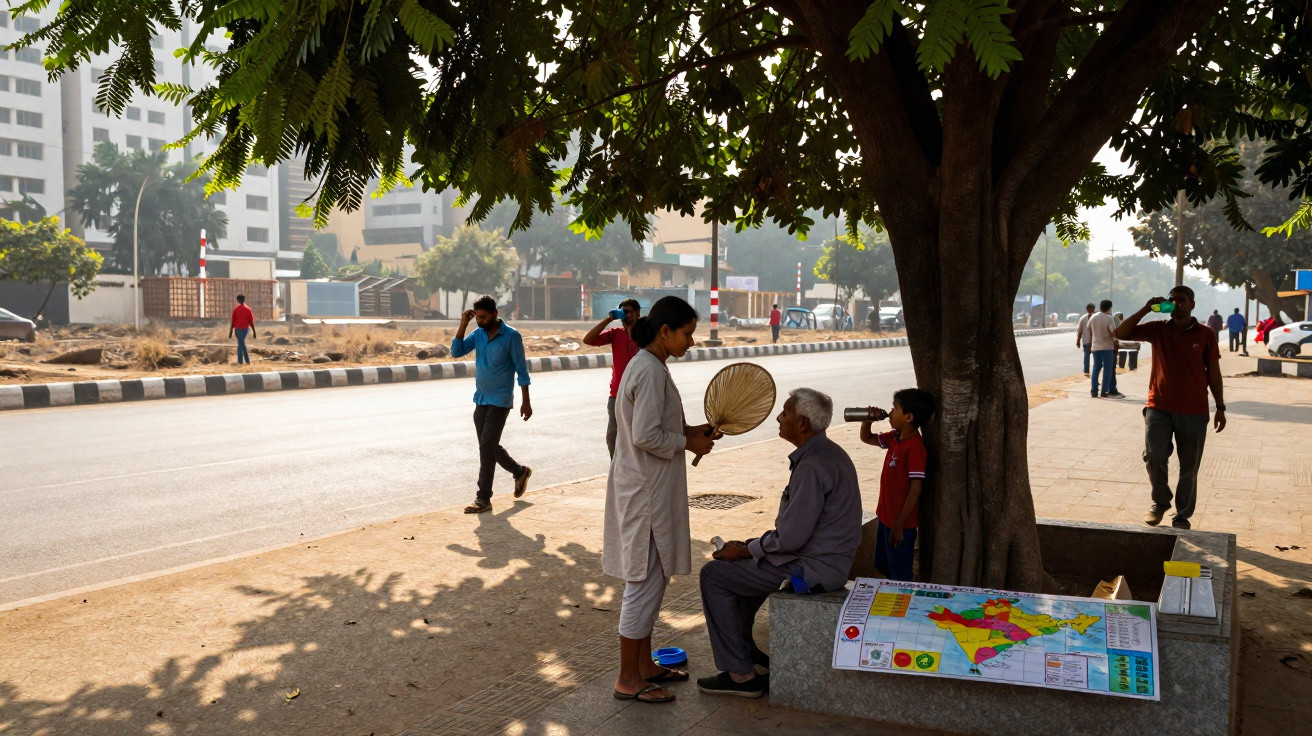 Pessoas descansam à sombra de uma árvore numa rua urbana, com mapa colorido numa bancada.