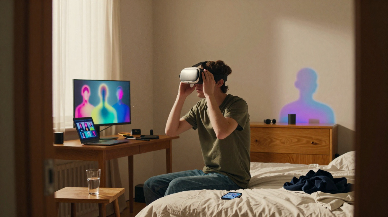 Jovem sentado na cama usa óculos de realidade virtual com computador e tablet à sua frente numa divisão.