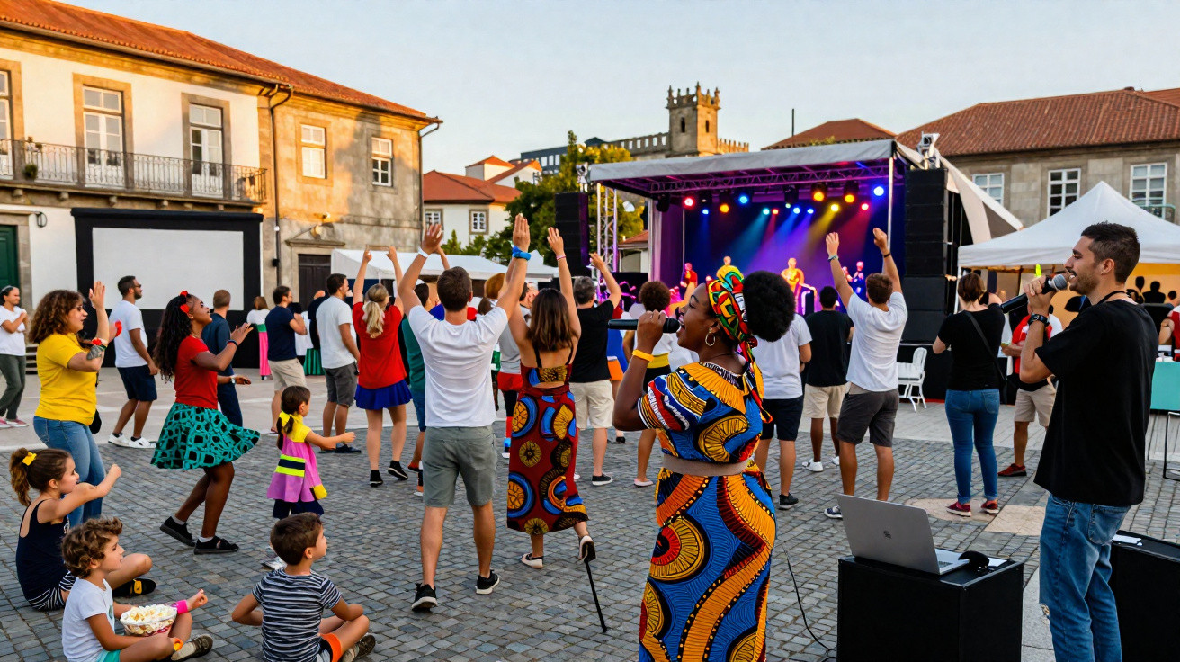 Concerto ao ar livre com pessoas a dançar e a divertir-se numa praça com luzes coloridas no palco.