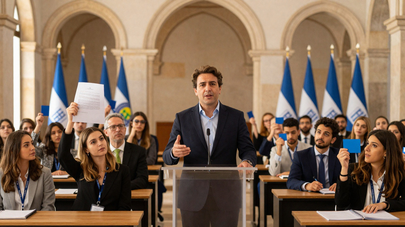 Homem a discursar num pódio frente a público que levanta cartões azuis e um documento numa sala formal com bandeiras ao fundo