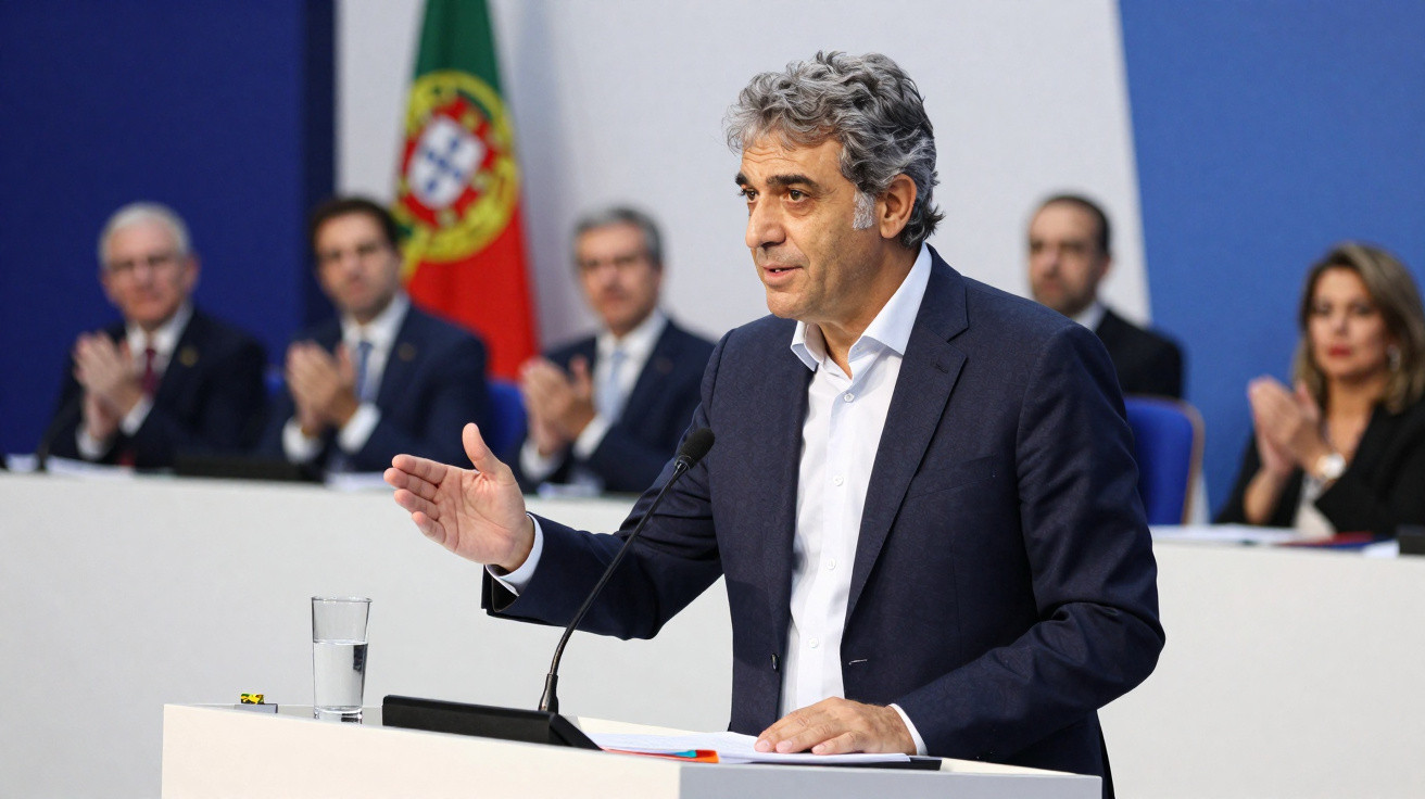 Homem de cabelos grisalhos fala ao microfone durante evento oficial com bandeira de Portugal ao fundo.