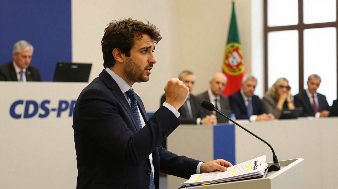 Homem fala com expressão determinada em púlpito, com bandeira de Portugal e audição ao fundo.