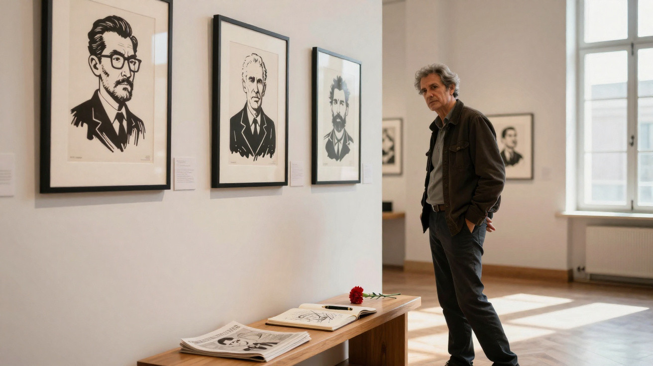 Homem observa retratos a preto e branco numa galeria de arte com luz natural a entrar pela janela.