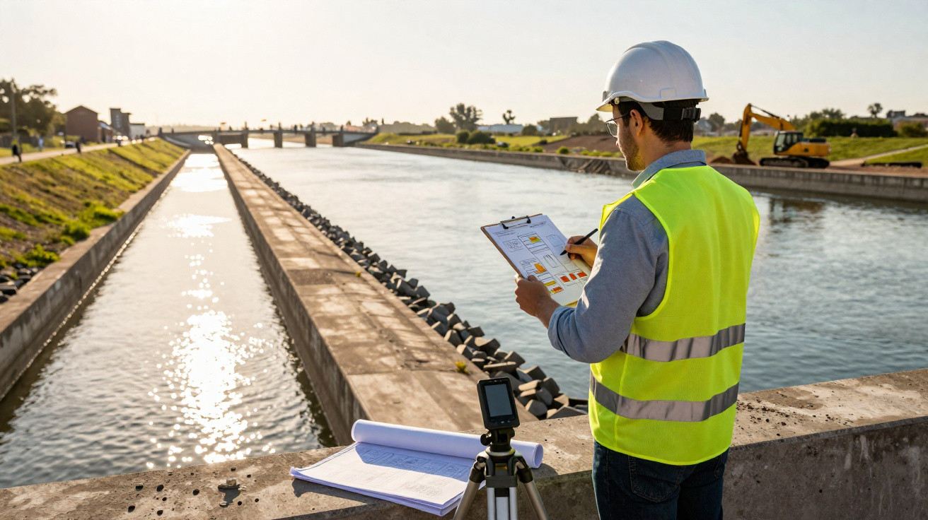 Engenheiro com colete refletor e capacete inspeciona canal de águas com equipamento de medição num dia soalheiro.