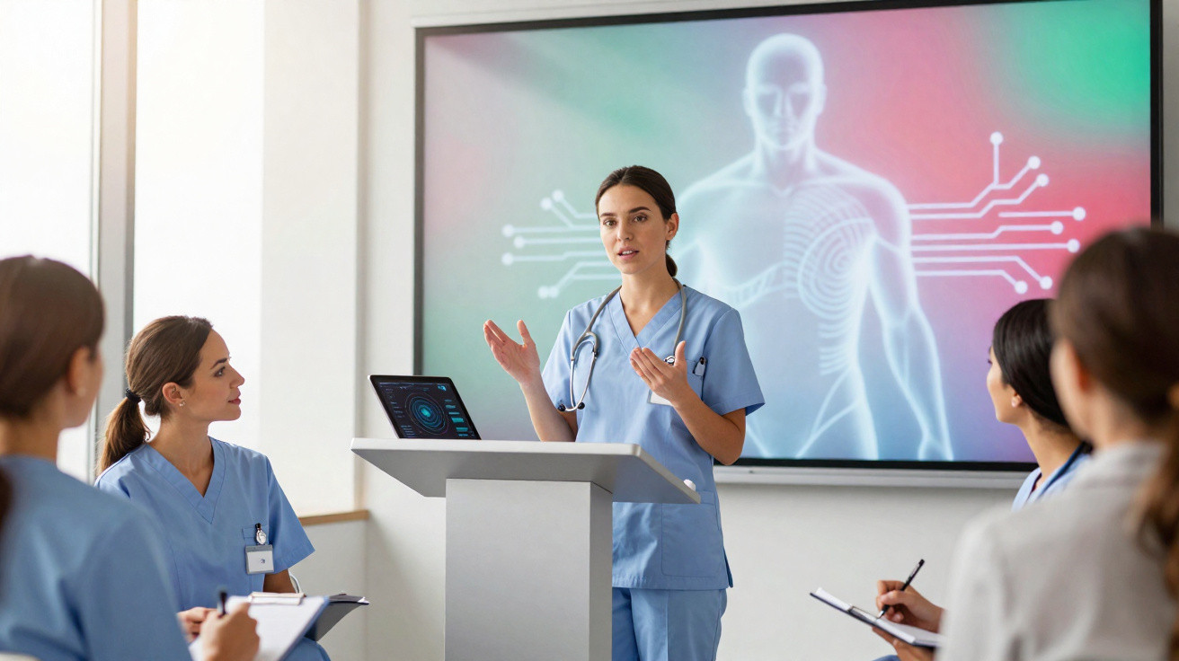 Enfermeira a apresentar informação médica digital a grupo de colegas numa sala de formação.
