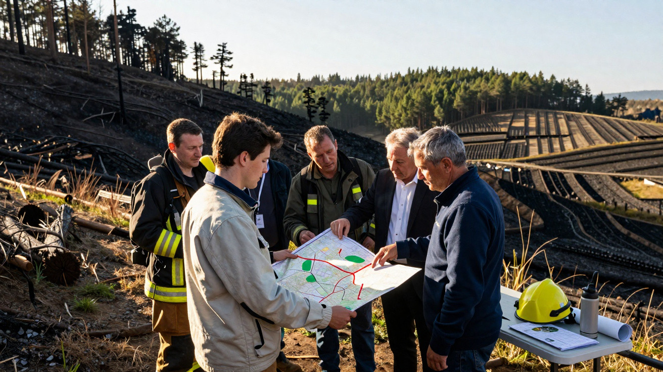 Grupo de homens a analisar um mapa ao ar livre em área de floresta queimada e terreno protegido.