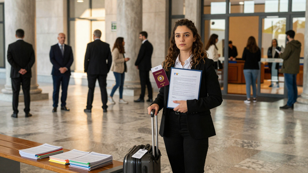 Jovem mulher de negócios segura documentos e passaporte, com mala, num ambiente formal com outras pessoas ao fundo.