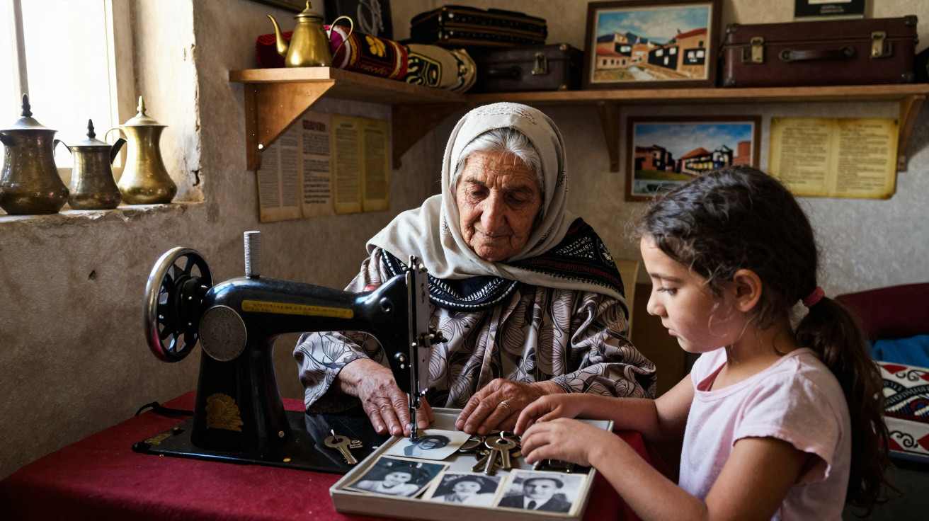 Idosa ensina menina a costurar numa máquina antiga, com fotografias antigas sobre a mesa.