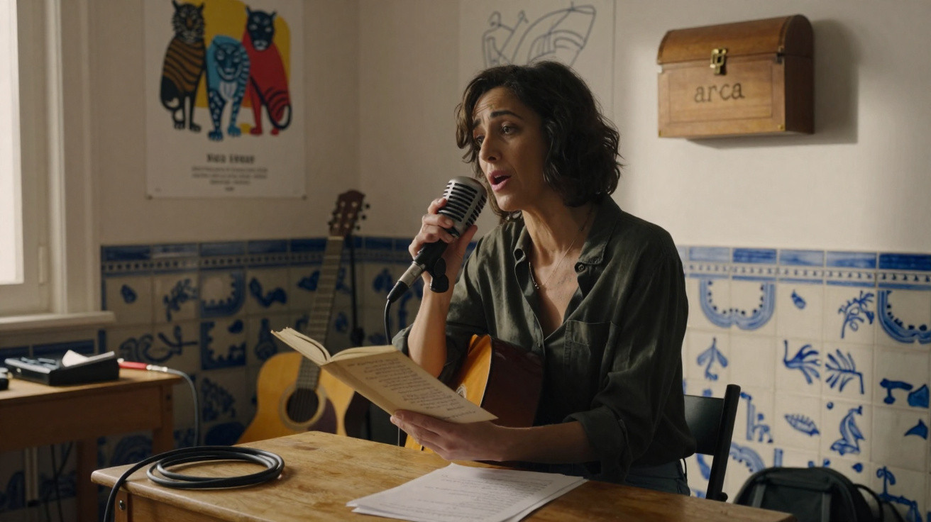 Mulher sentada a cantar com microfone, segurando livro, em sala decorada com azulejos e guitarra ao fundo.