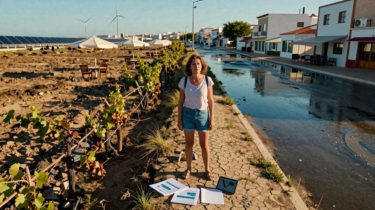 Mulher de pé numa calçada junto a gráfica de videiras e documentos espalhados no chão, com casas e água ao fundo.