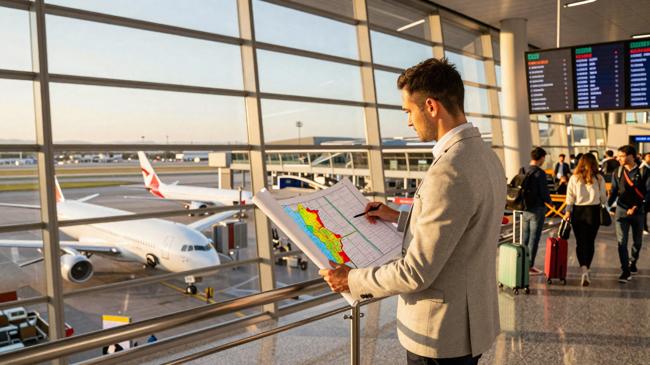 Homem de fato a analisar planta num aeroporto com aviões e passageiros ao fundo.