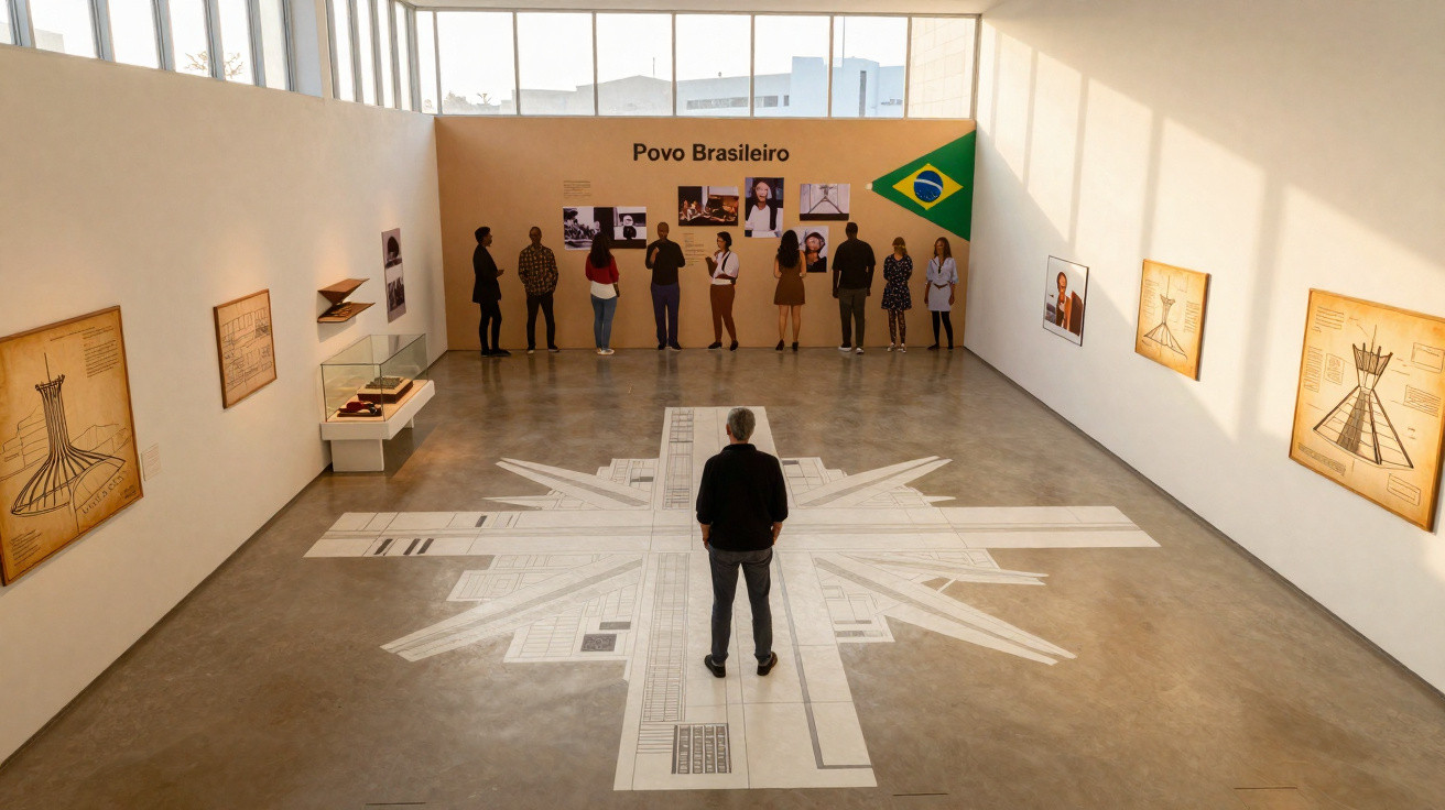 Pessoa observa exposição sobre o povo brasileiro, com imagens e bandeira do Brasil numa galeria luminosa.