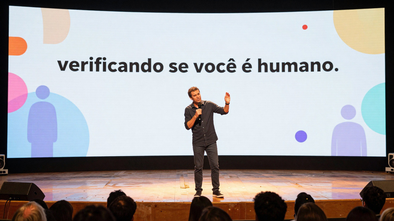 Homem de pé no palco a falar para a audiência com ecrã atrás a mostrar “verificando se você é humano.”