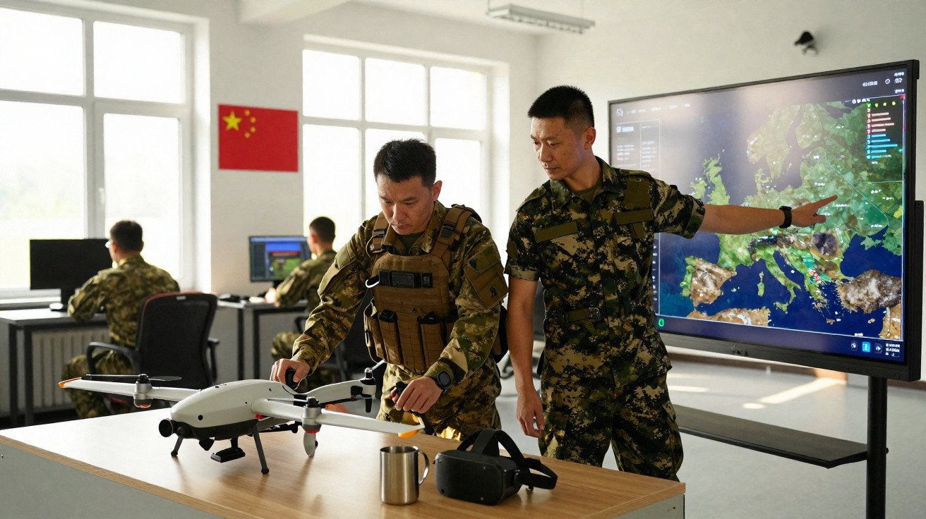 Dois militares chineses em sala de controlo com drone sobre a mesa e ecrã digital com mapa da Europa.