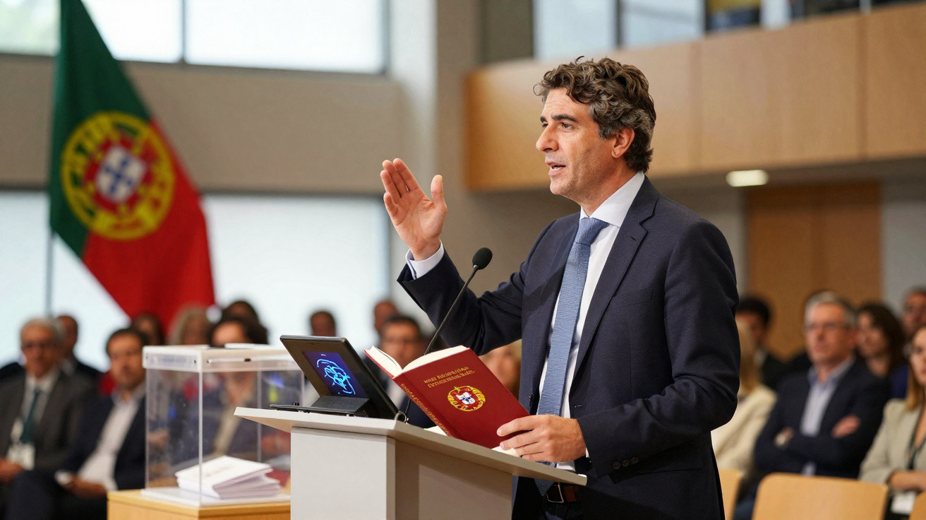 Homem de fato a discursar com bandeira de Portugal ao fundo numa sala de audiência formal.