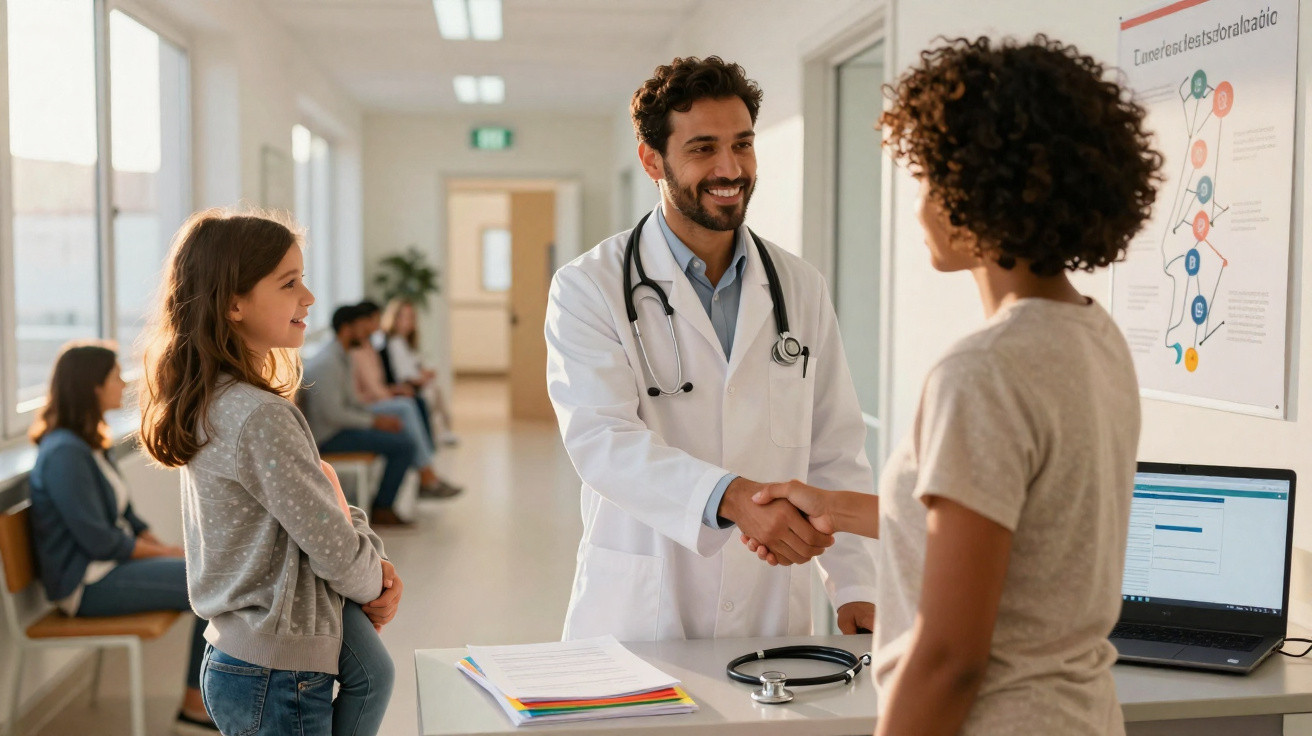 Médico cumprimenta paciente adulta enquanto menina observa num consultório com mais pessoas na sala de espera.