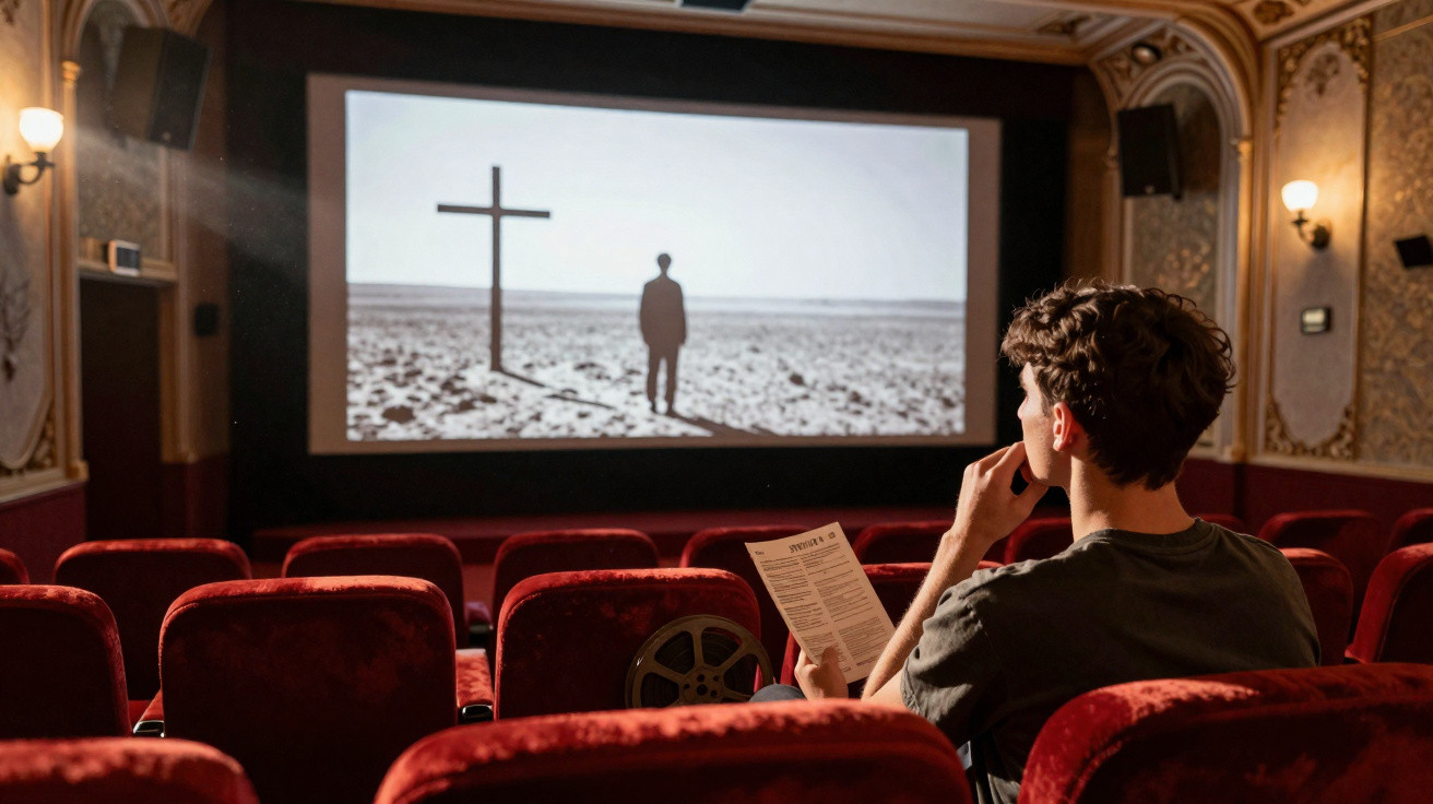 Homem sentado numa sala de cinema a ver um filme a preto e branco com cruz e figura humana no ecrã.