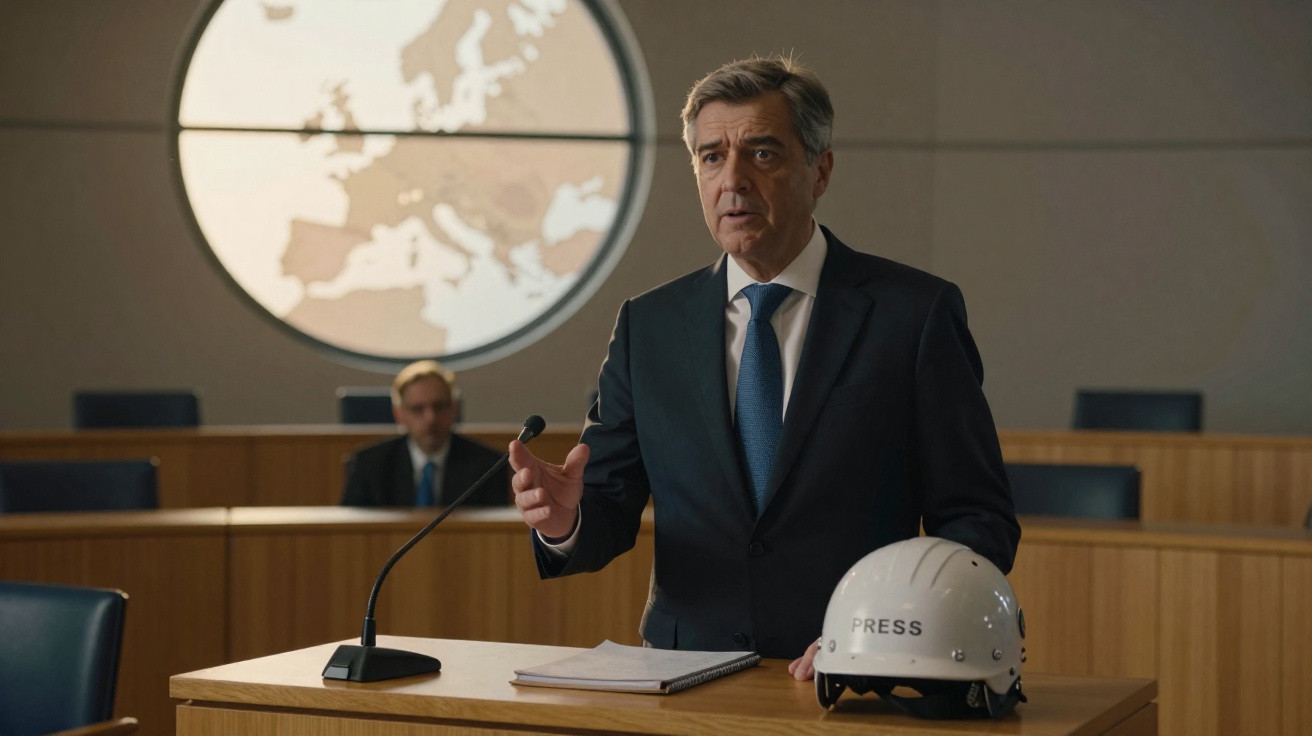 Homem em fato a falar num púlpito com mapa da Europa e capacete da imprensa sobre a mesa.