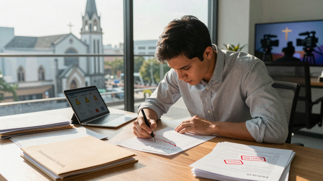Jovem a analisar gráficos e escrever anotações numa mesa com documentos e computador portátil.