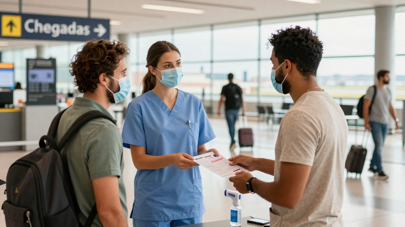 Funcionária de saúde com máscara entrega documento a dois viajantes numa zona de chegadas no aeroporto.