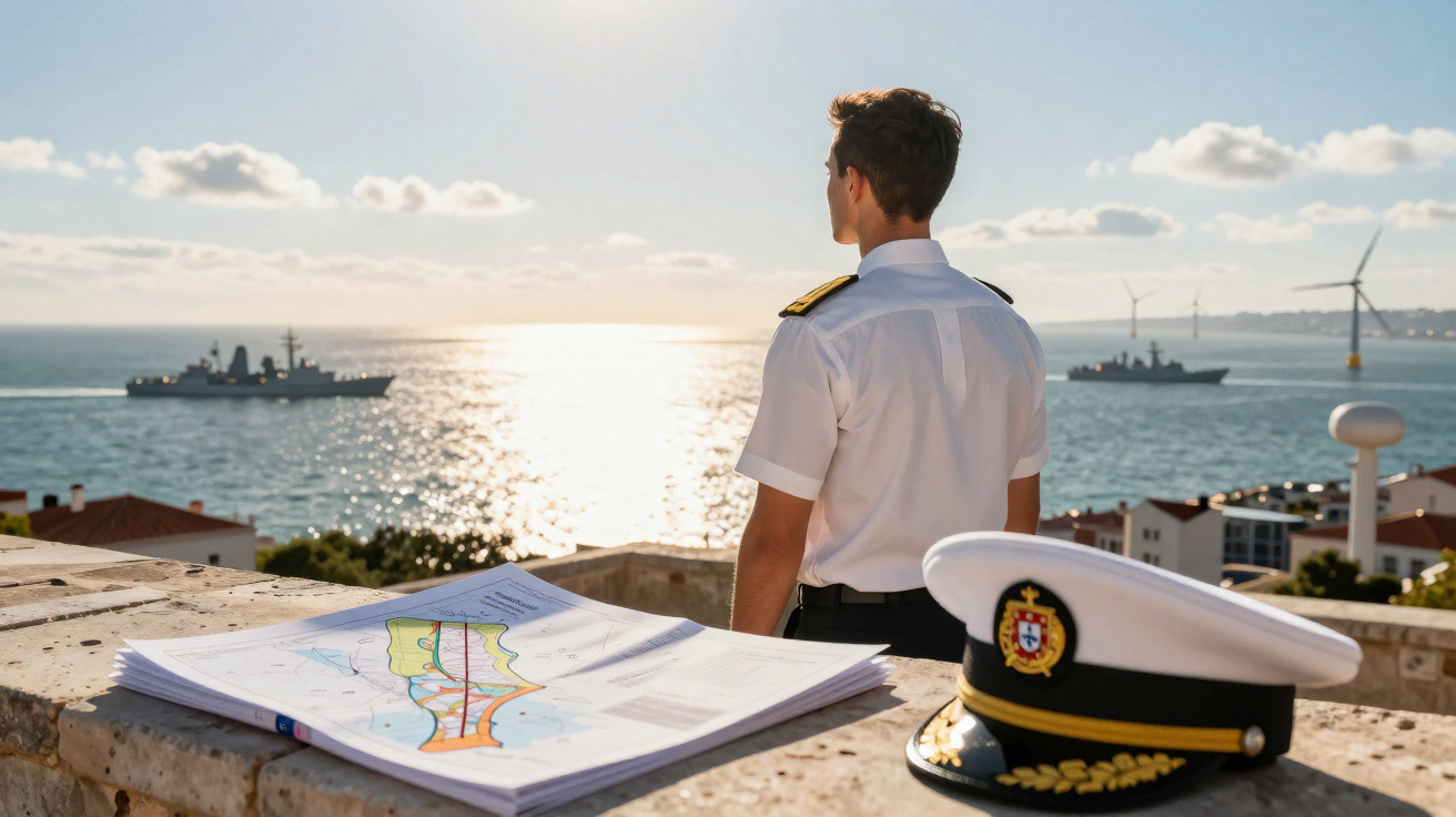 Marinheiro em uniforme observa navios militares no mar ao pôr do sol, com mapa e chapéu naval em primeiro plano.