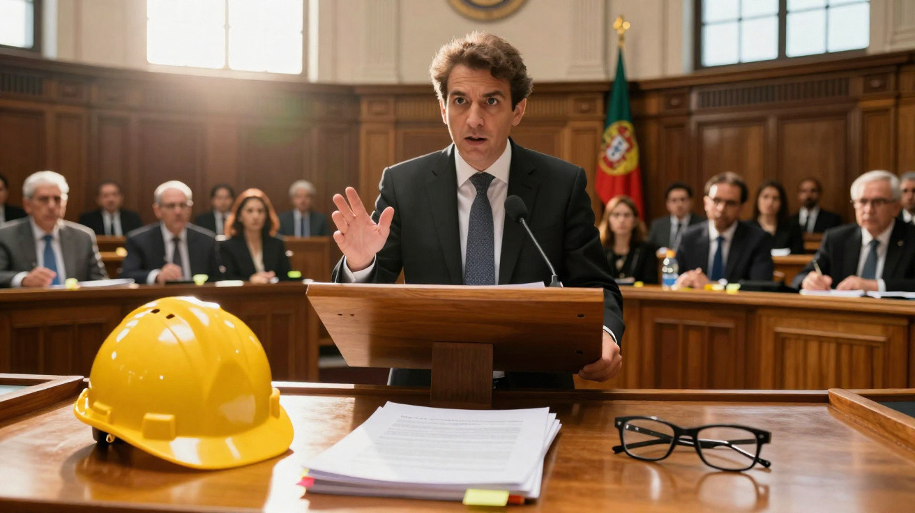 Homem de fato a testemunhar num tribunal com capacete amarelo e pessoas a observá-lo ao fundo.