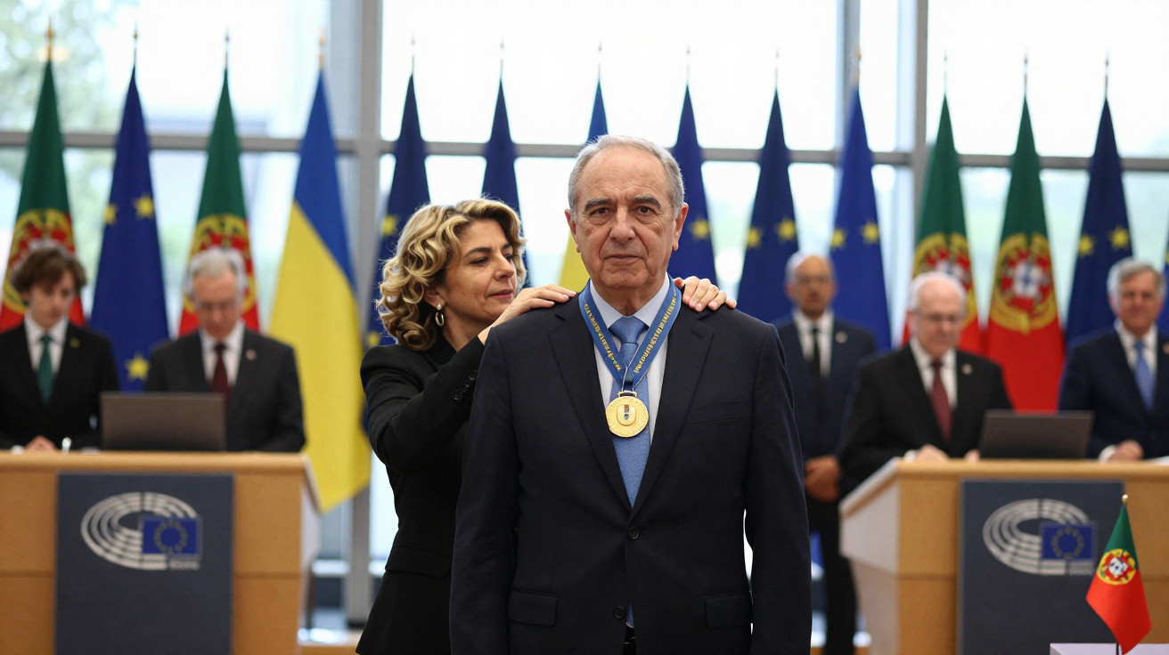 Cerimónia de entrega de medalha a homem com bandeiras da União Europeia, Portugal e Ucrânia ao fundo.