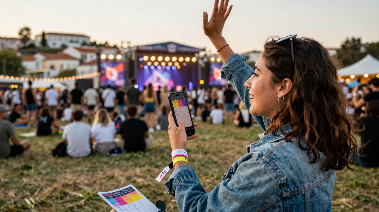Mulher sorridente com smartphone na mão, acenando num festival ao ar livre ao final da tarde.
