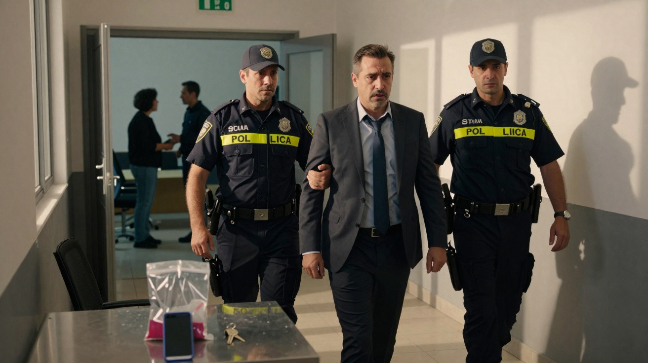 Dois polícias escoltam um homem de fato dentro de um edifício institucional.