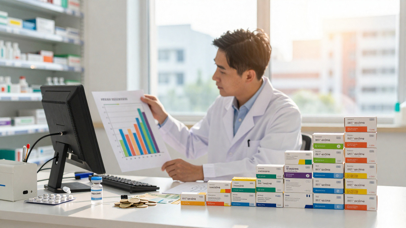 Farmacêutico a analisar gráfico numa farmácia com várias caixas de medicamentos e moedas na secretária.