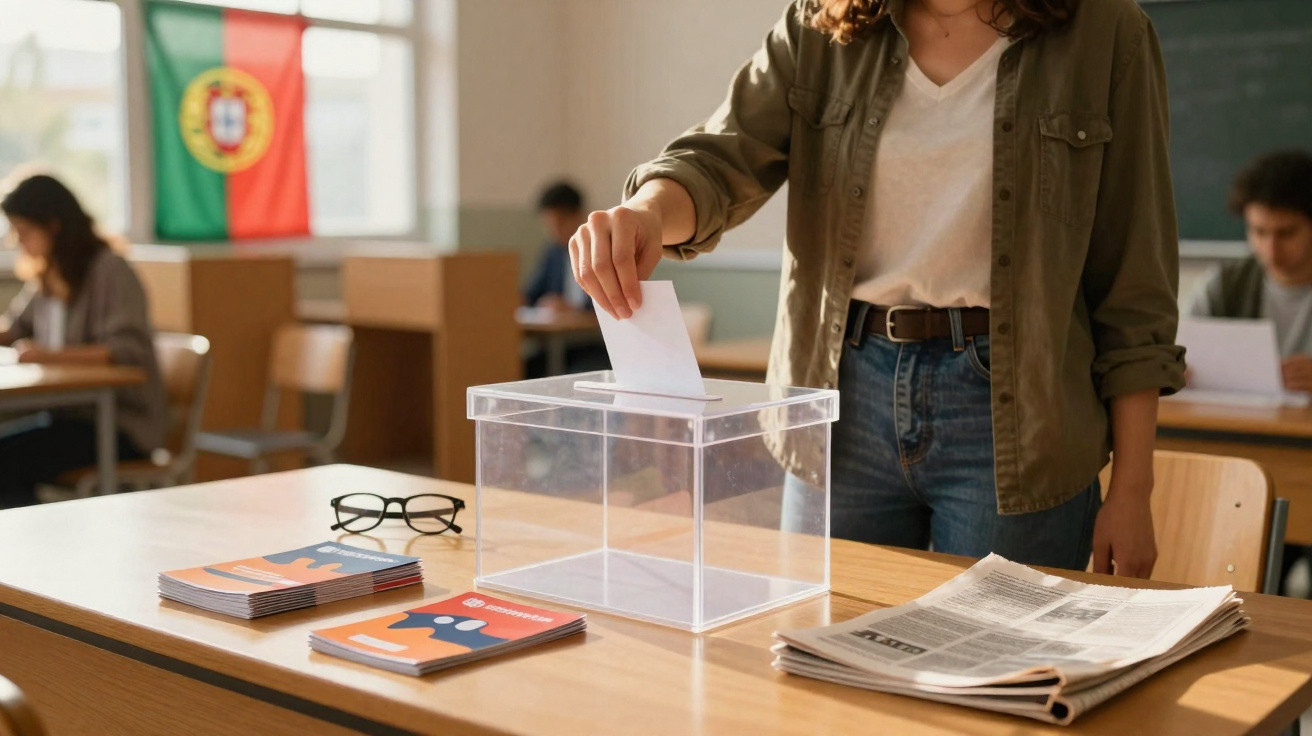 Pessoa a votar numa urna transparente numa sala com bandeira de Portugal ao fundo.