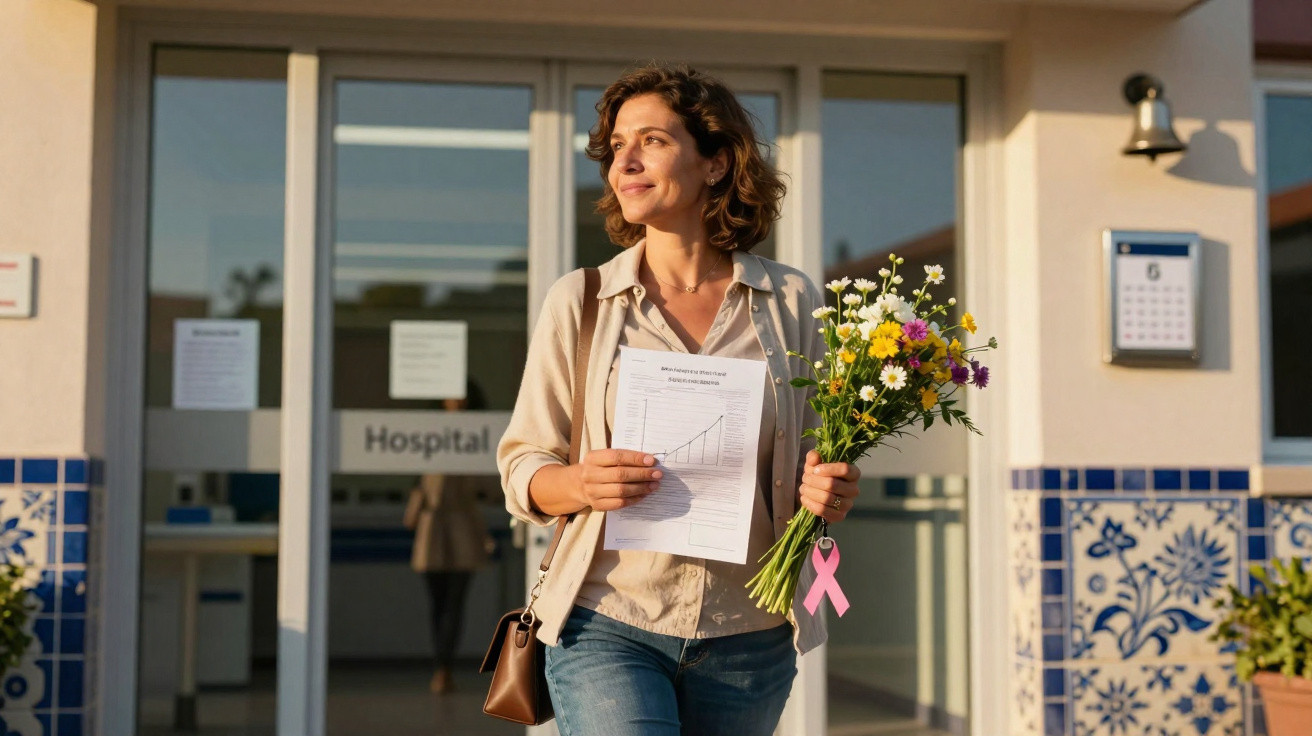 Mulher sorridente com flores e documento à frente de hospital, simbolizando vitória contra o cancro da mama.