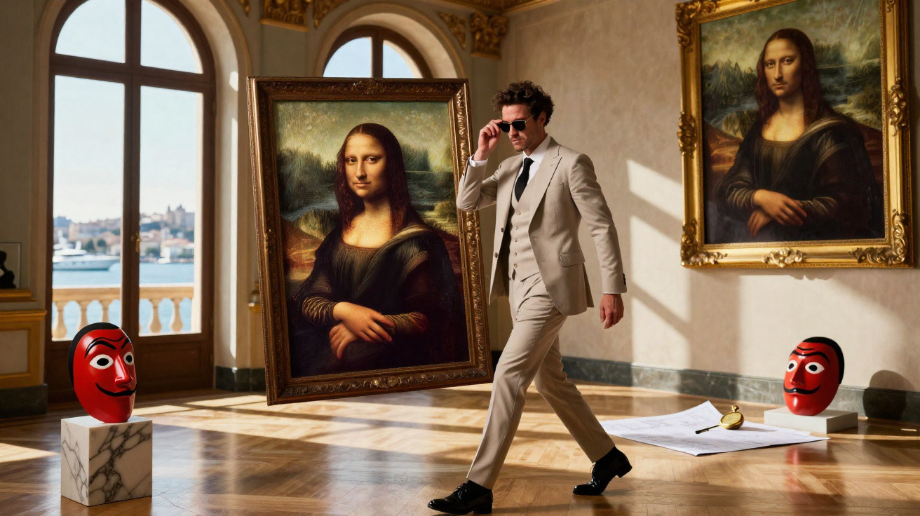 Homem de fato bege e óculos escuros caminha por sala com duas pinturas da Mona Lisa e duas máscaras vermelhas.