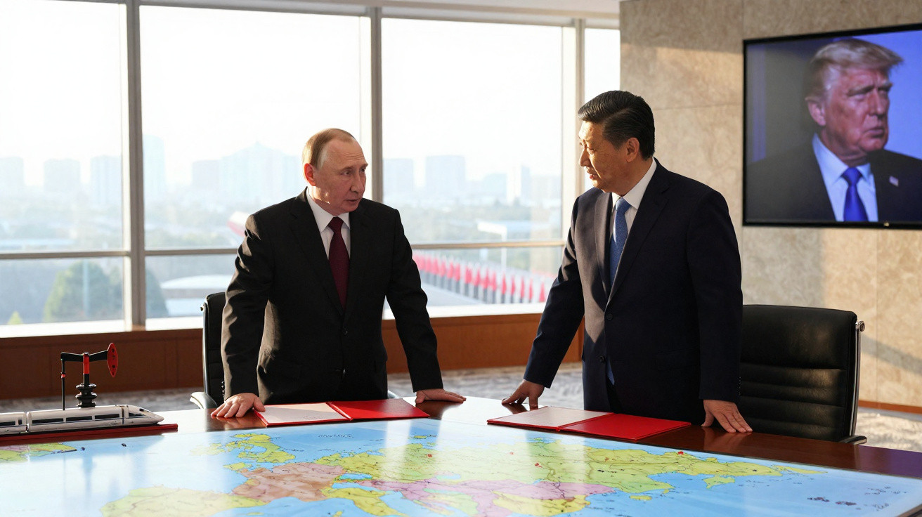 Vladimir Putin e Xi Jinping em reunião com mapa grande sobre a mesa e imagem de Donald Trump no ecrã.