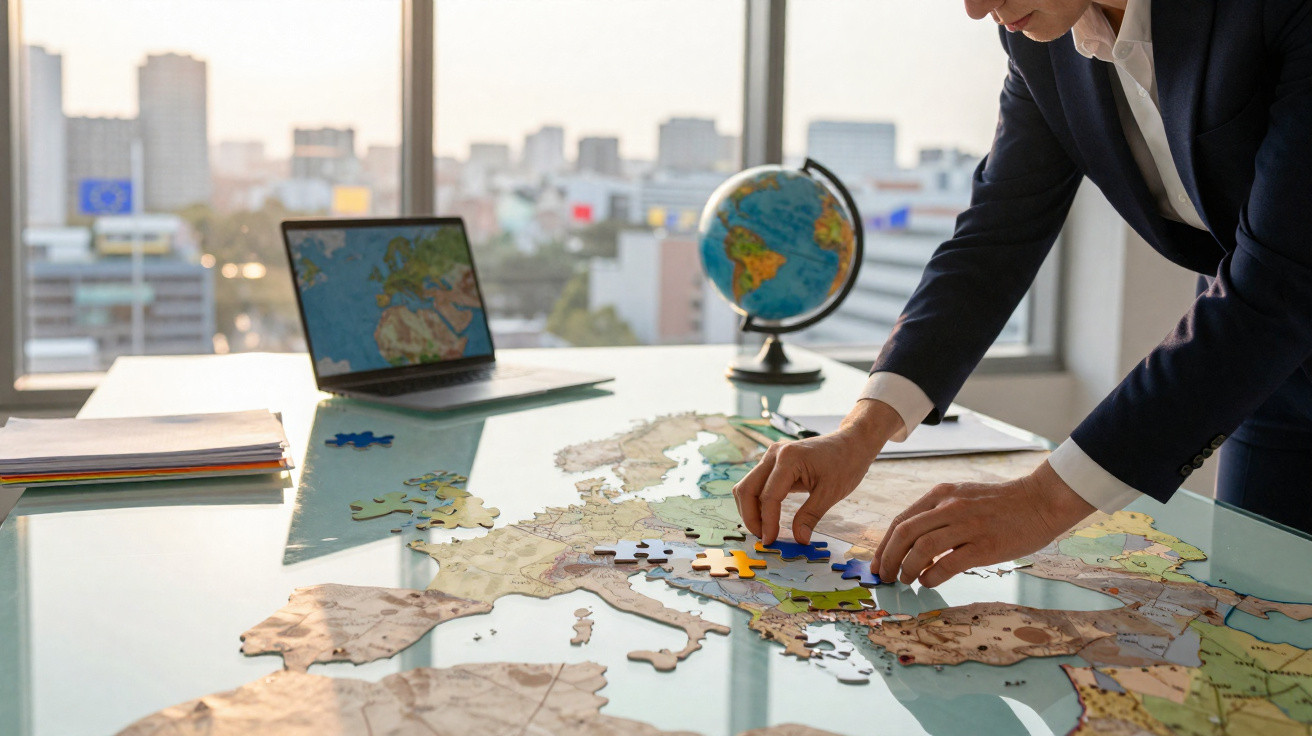 Pessoa montando puzzle de mapa da Europa numa mesa com globo e portátil ao fundo.