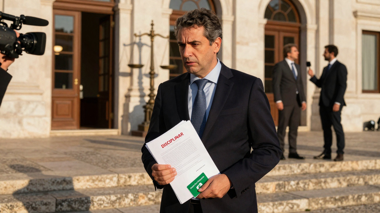 Homem de fato escuro segurando documento com a palavra "Disciplinar" em frente a edifício institucional.