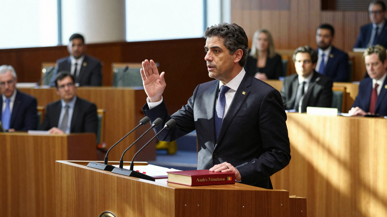 Homem a jurar sentando a mão direita levantada numa cerimónia formal num parlamento.