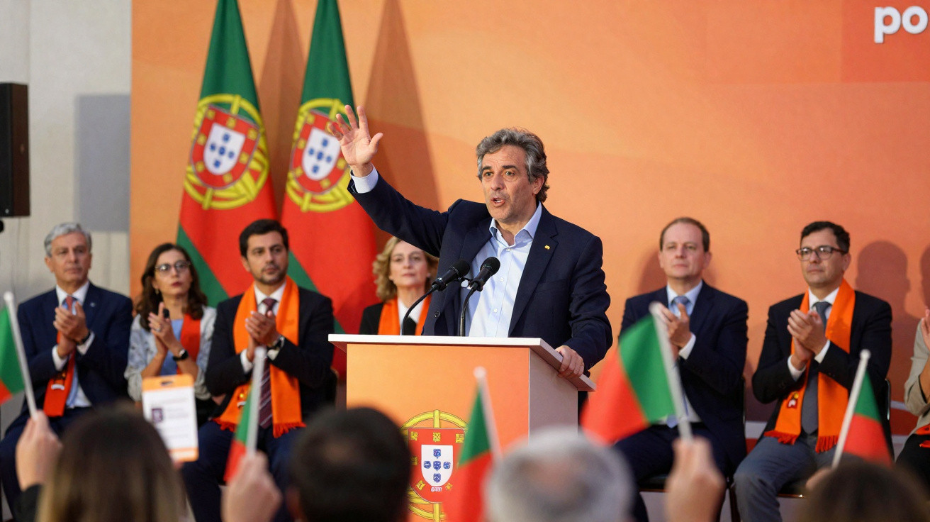 Político a discursar num púlpito com bandeiras de Portugal e público a aplaudir.