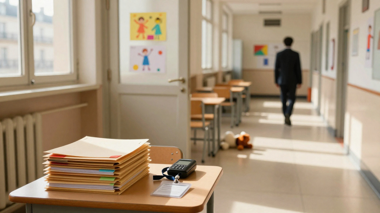 Corredor de escola com secretária e pastas, brinquedos no chão e pessoa a afastar-se ao fundo.