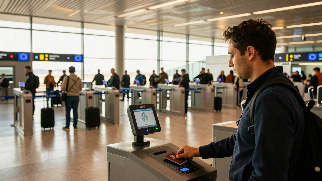 Homem a usar controlo biométrico com passaporte num aeroporto moderno e iluminado.