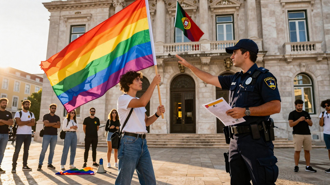 Jovem segura bandeira LGBTQ+ enquanto polícia o aborda em manifestação junto a edifício governamental em Portugal.
